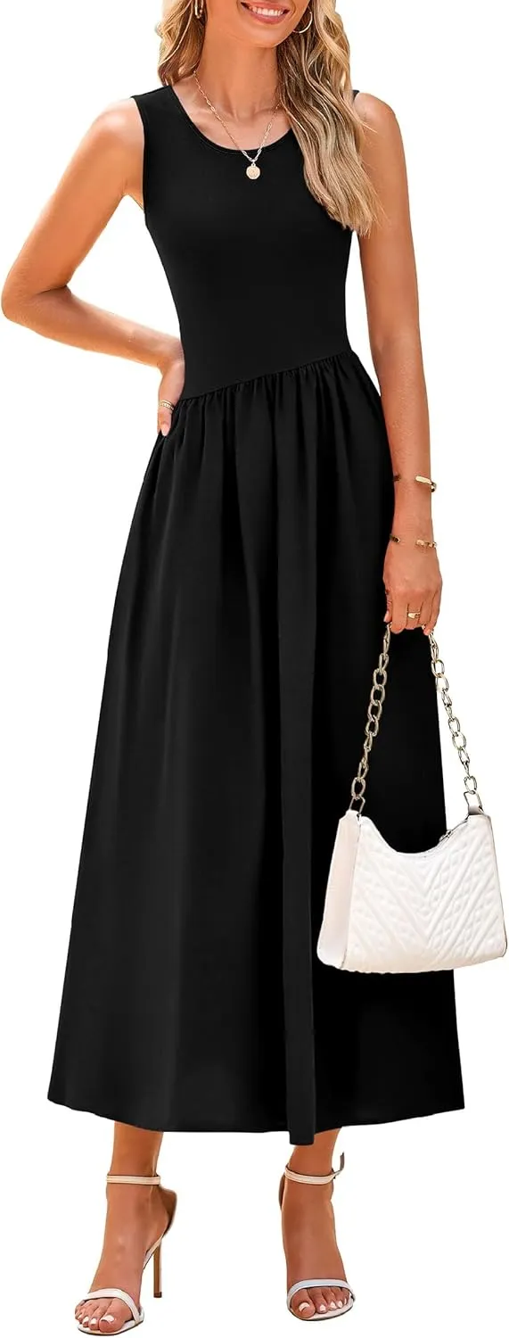 PRETTYGARDEN Women's Maxi Sundress Casual Summer 2025 Sleeveless Asymmetrical Drop Waist Patchwork Long Flowy Tank Dresses