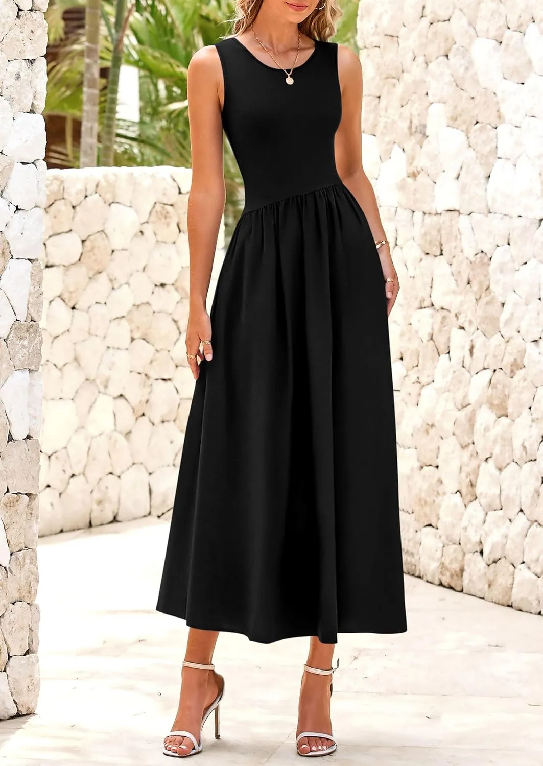 PRETTYGARDEN Women's Maxi Sundress Casual Summer 2025 Sleeveless Asymmetrical Drop Waist Patchwork Long Flowy Tank Dresses