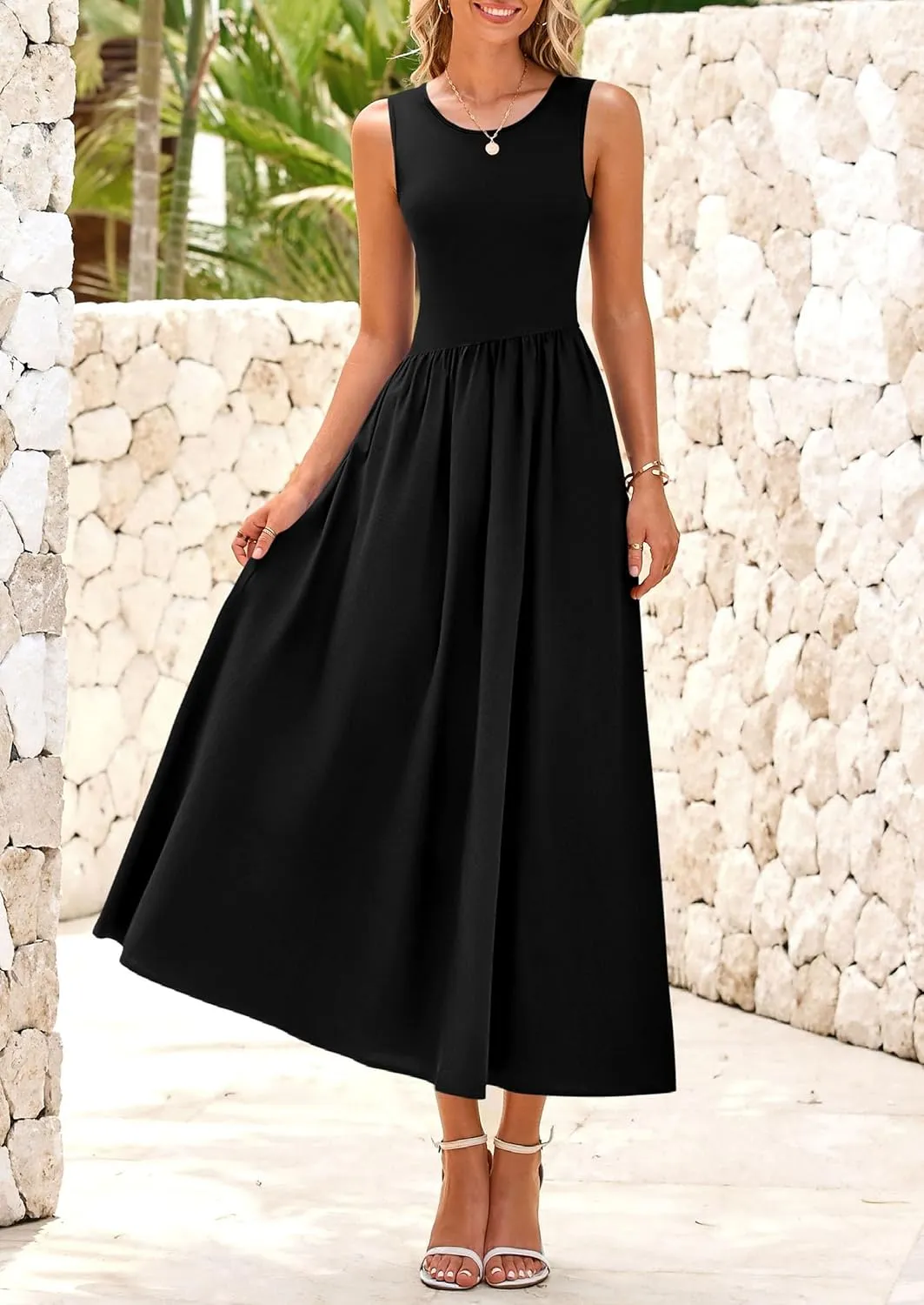 PRETTYGARDEN Women's Maxi Sundress Casual Summer 2025 Sleeveless Asymmetrical Drop Waist Patchwork Long Flowy Tank Dresses