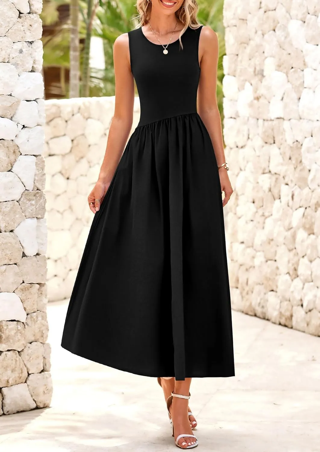 PRETTYGARDEN Women's Maxi Sundress Casual Summer 2025 Sleeveless Asymmetrical Drop Waist Patchwork Long Flowy Tank Dresses