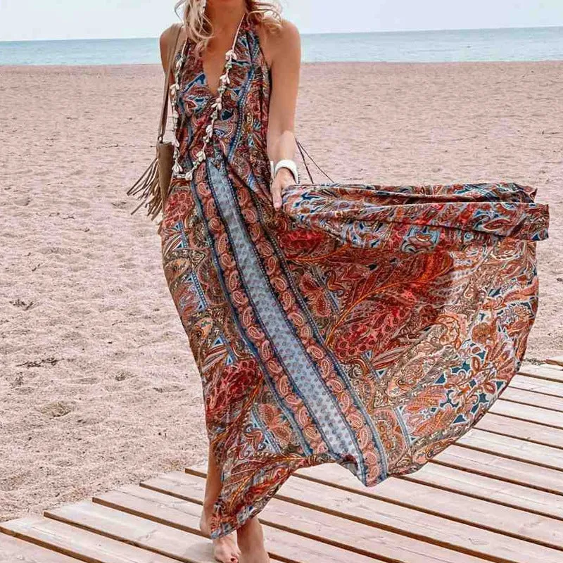 Printed neck V-neck Bohemian dress
