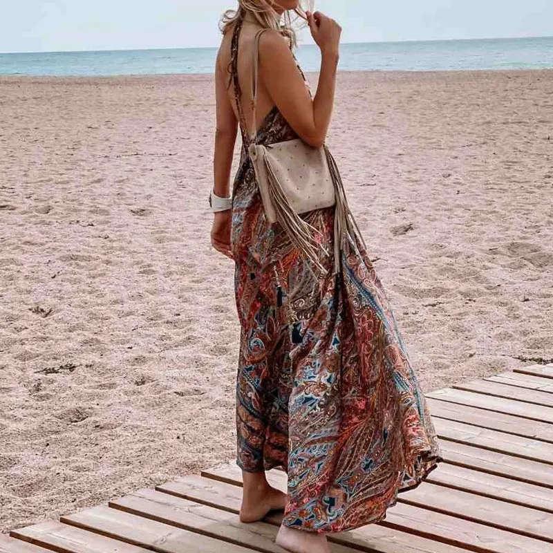 Printed neck V-neck Bohemian dress