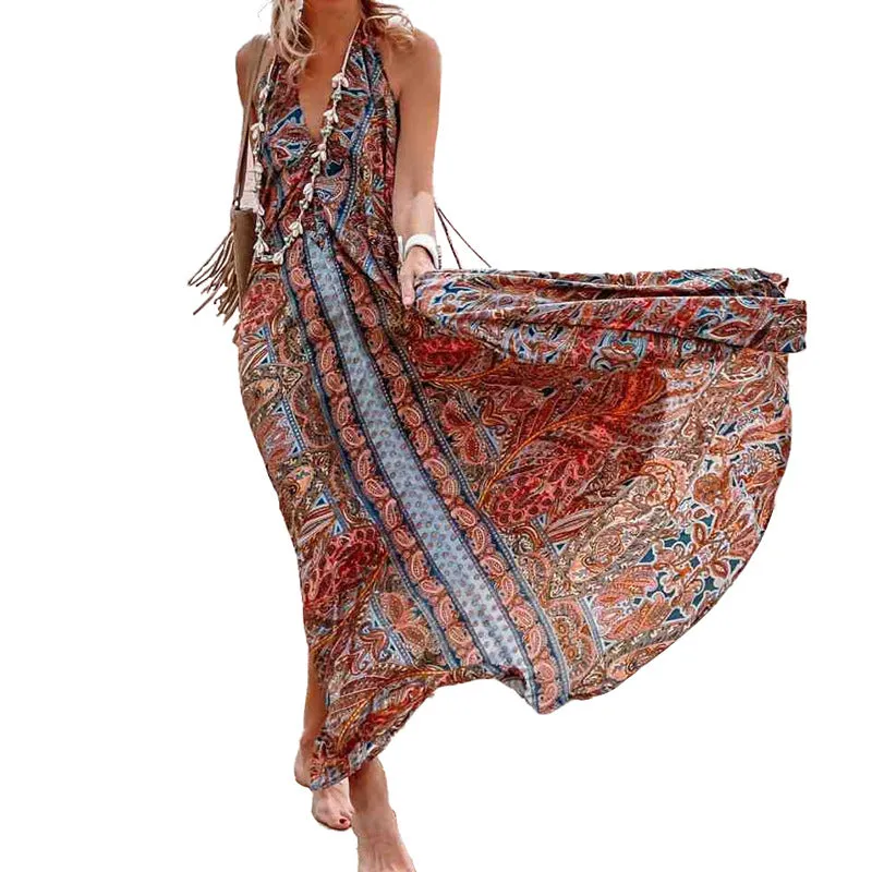 Printed neck V-neck Bohemian dress