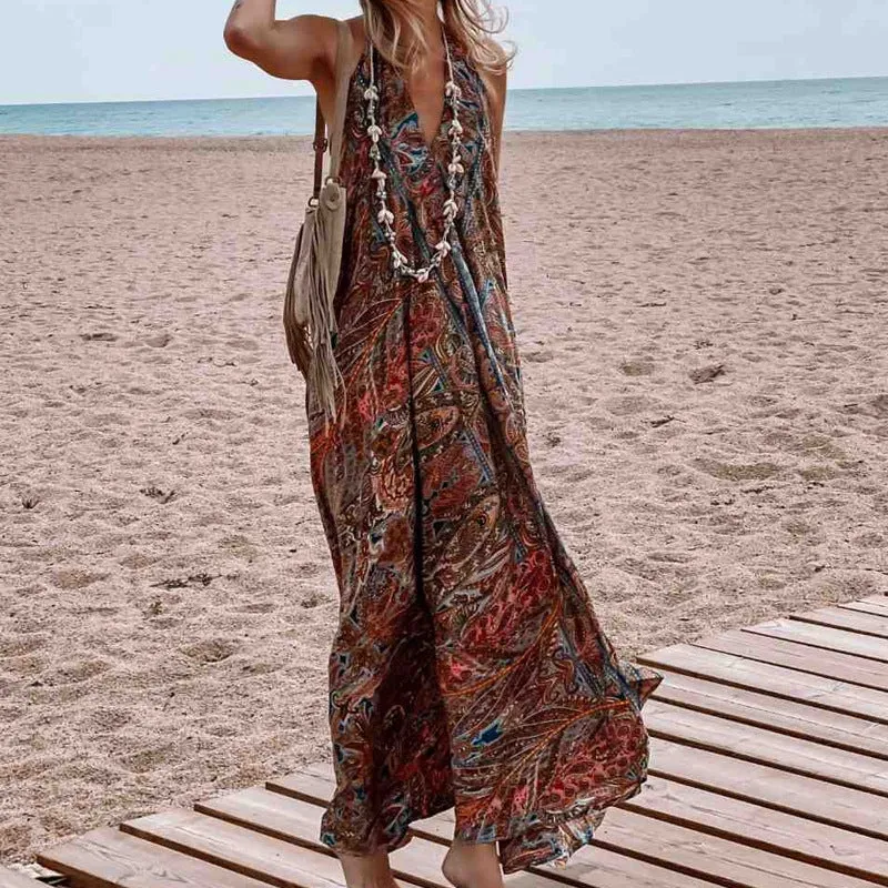 Printed neck V-neck Bohemian dress