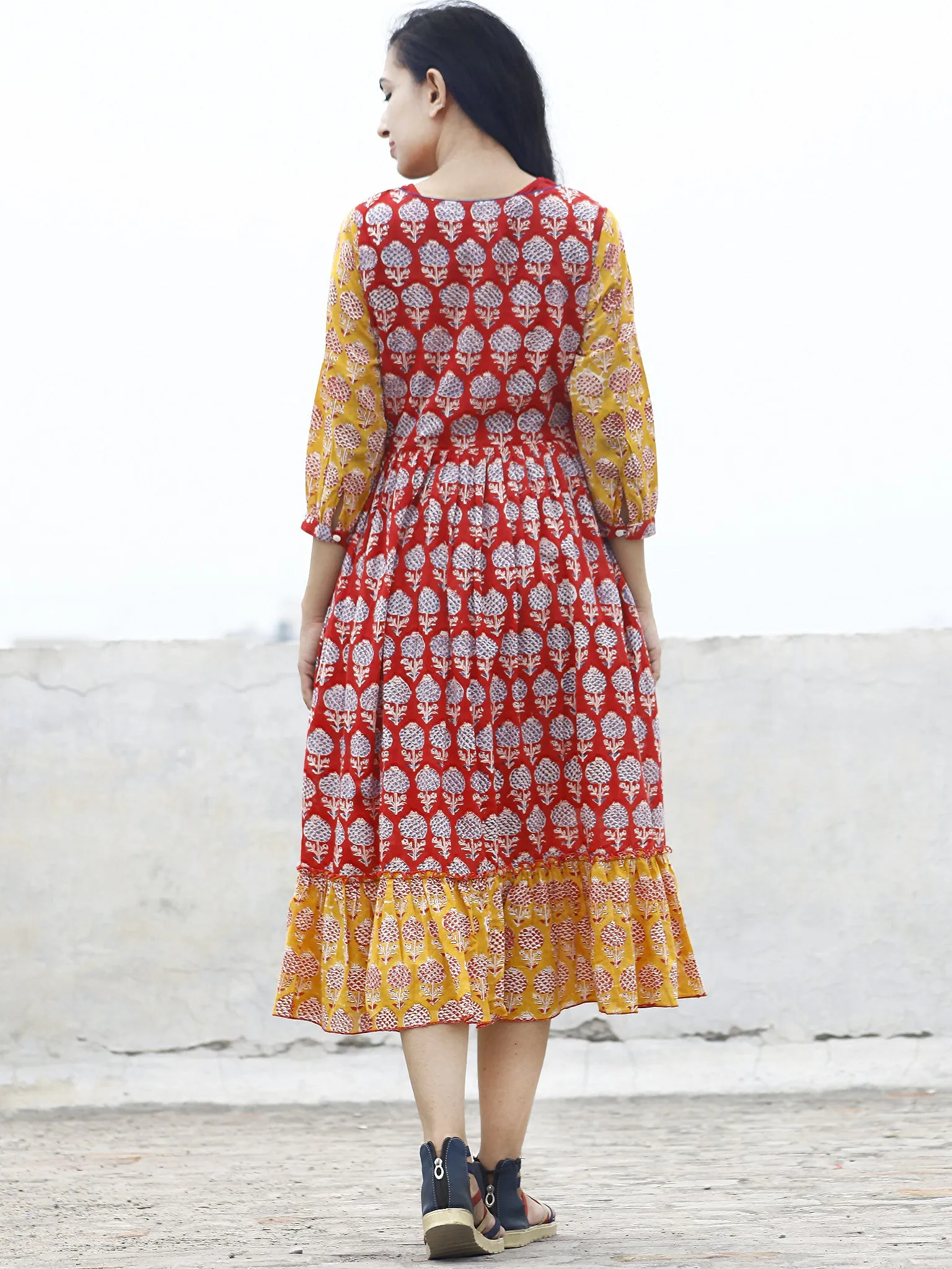 Red Yellow Blue ivory Hand block Printed Dress With Gathers And Peasant Sleeves  - D77F780