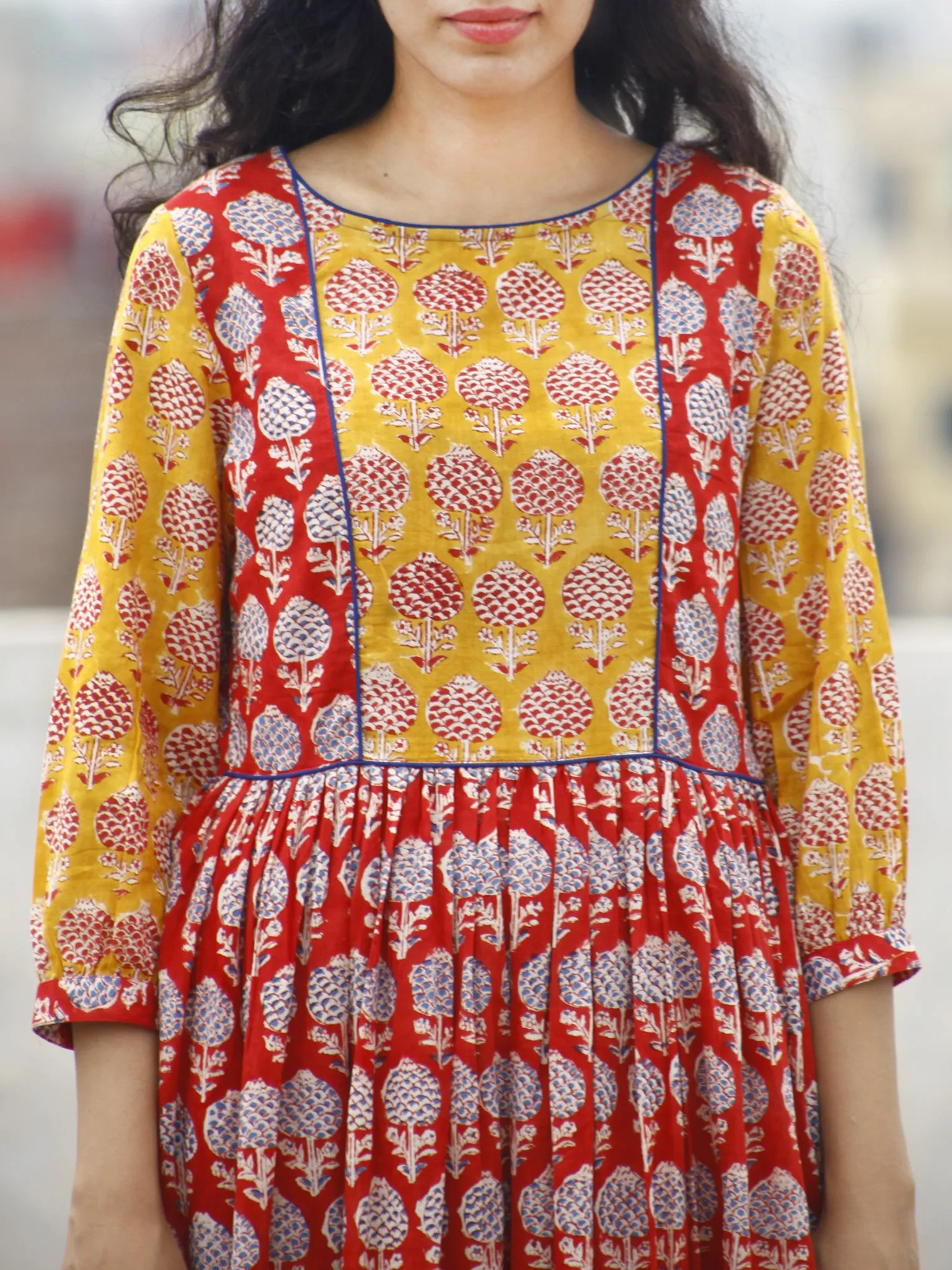 Red Yellow Blue ivory Hand block Printed Dress With Gathers And Peasant Sleeves  - D77F780