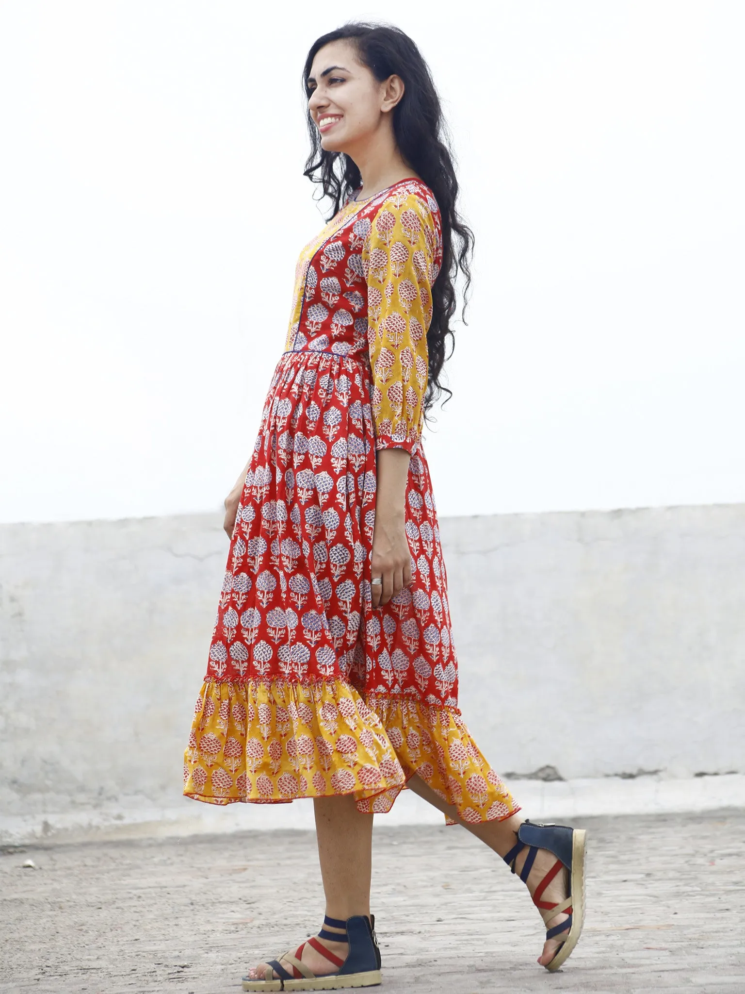 Red Yellow Blue ivory Hand block Printed Dress With Gathers And Peasant Sleeves  - D77F780