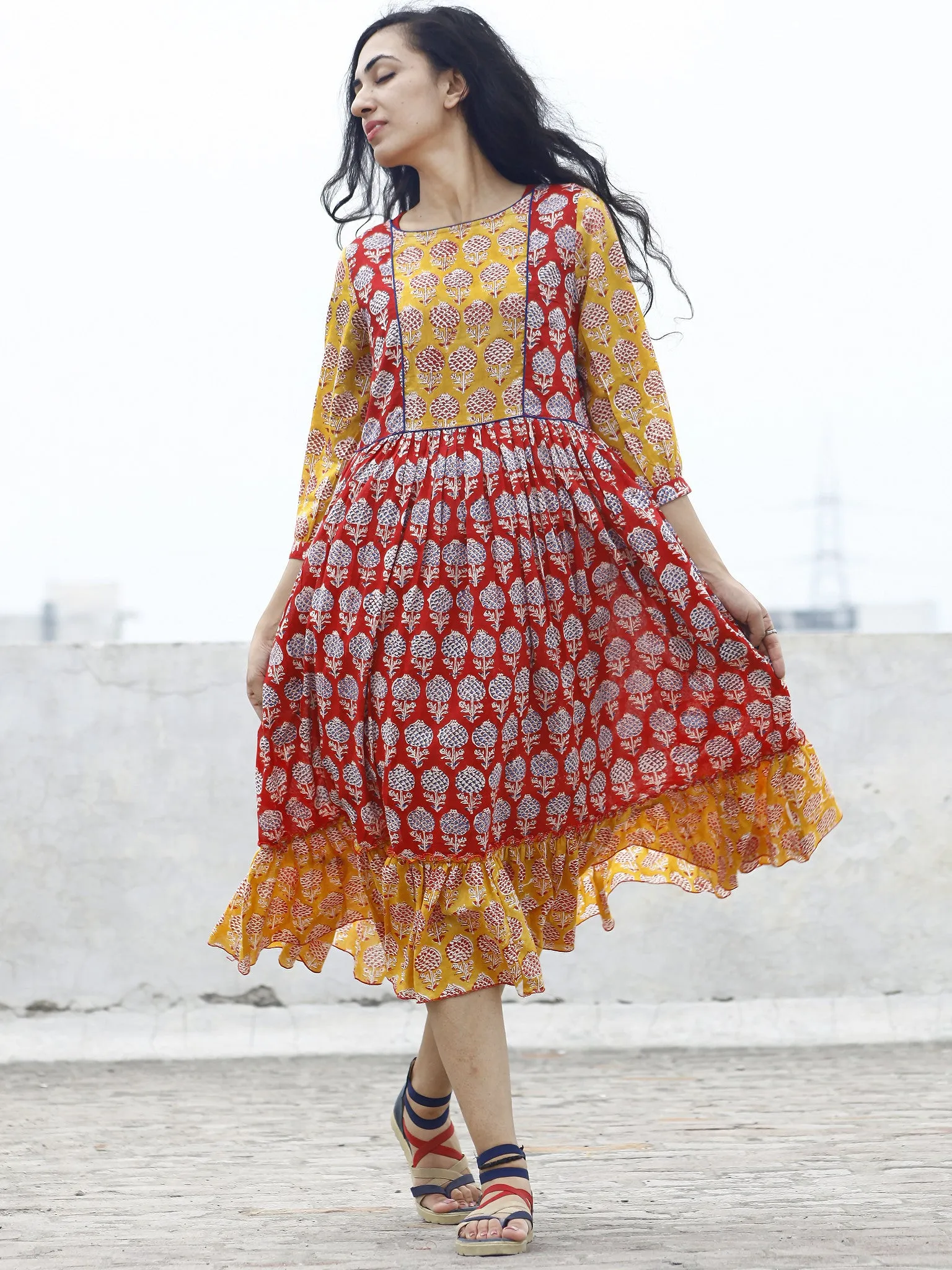 Red Yellow Blue ivory Hand block Printed Dress With Gathers And Peasant Sleeves  - D77F780