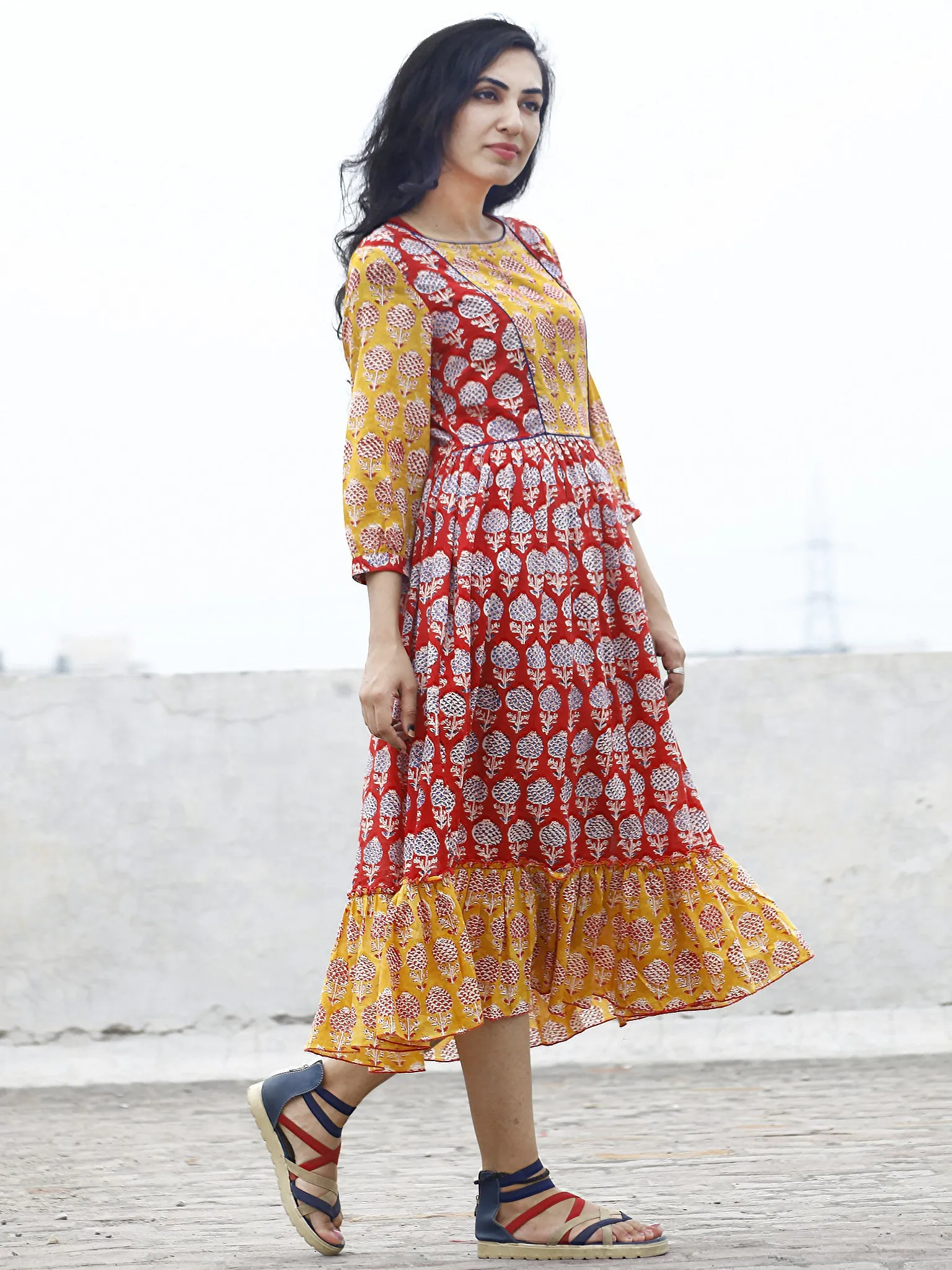 Red Yellow Blue ivory Hand block Printed Dress With Gathers And Peasant Sleeves  - D77F780