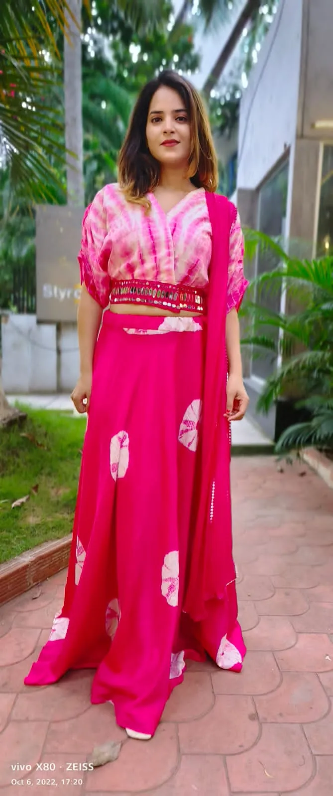 RFSS1226 - Shibori Print Crop Top with Batik Print skirt in Muslin. Comes with Chiffon Dupatta