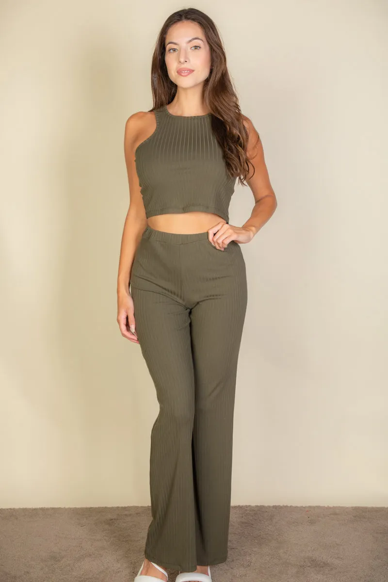 Ribbed Cropped Top and Bootcut Pants Sets