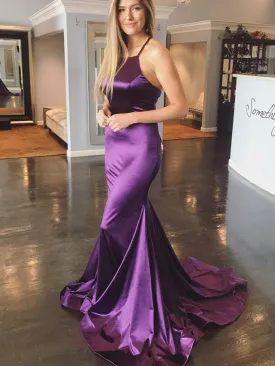 Sexy Purple Mermaid Backless Satin Long Prom Dresses with Cross Back, Purple Formal Dresses, Backless Evening Dresses