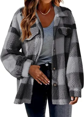 Sherpa Jacket Women Oversized Long Sleeve Furry Fleece Shacket Jackets Trendy Draped Plaid Button Down Winter Coats