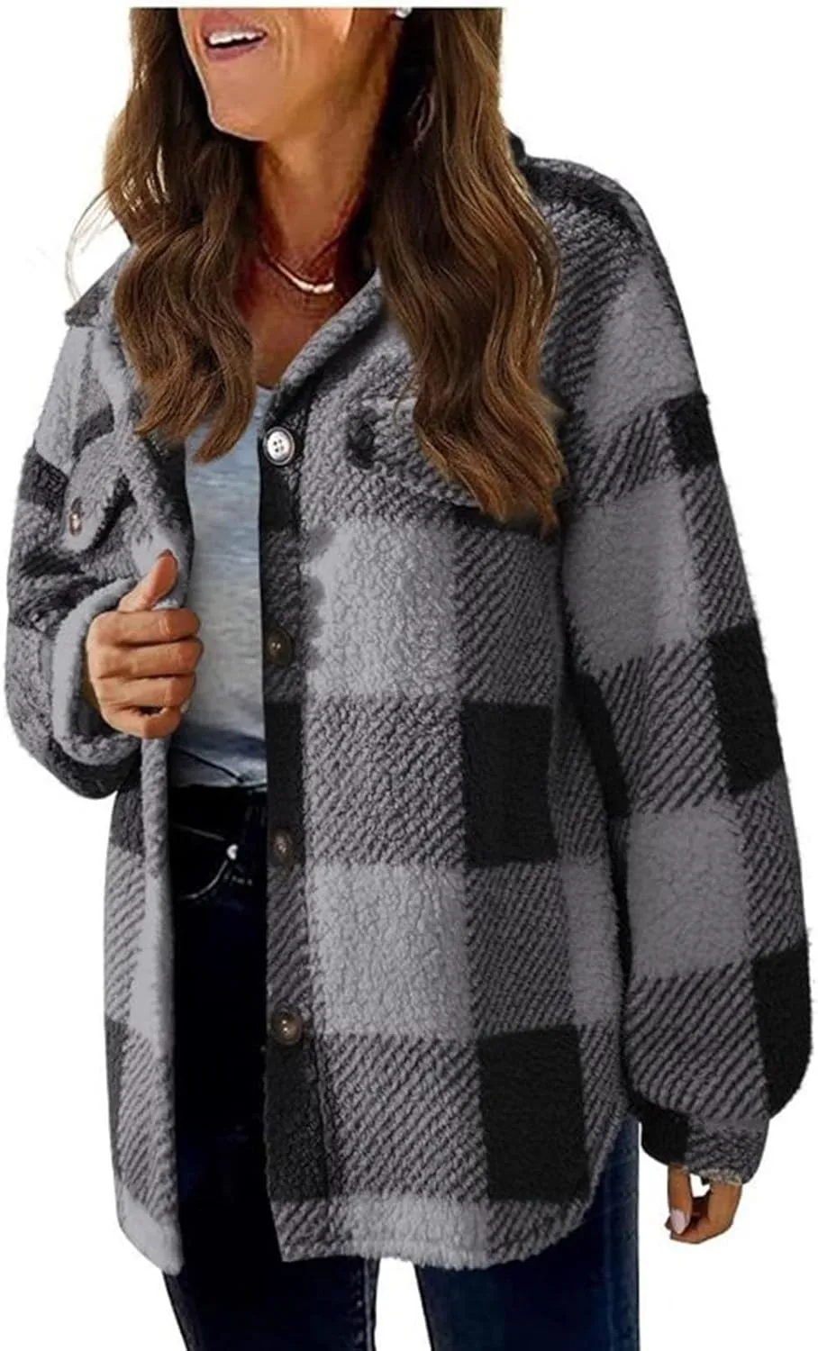 Sherpa Jacket Women Oversized Long Sleeve Furry Fleece Shacket Jackets Trendy Draped Plaid Button Down Winter Coats
