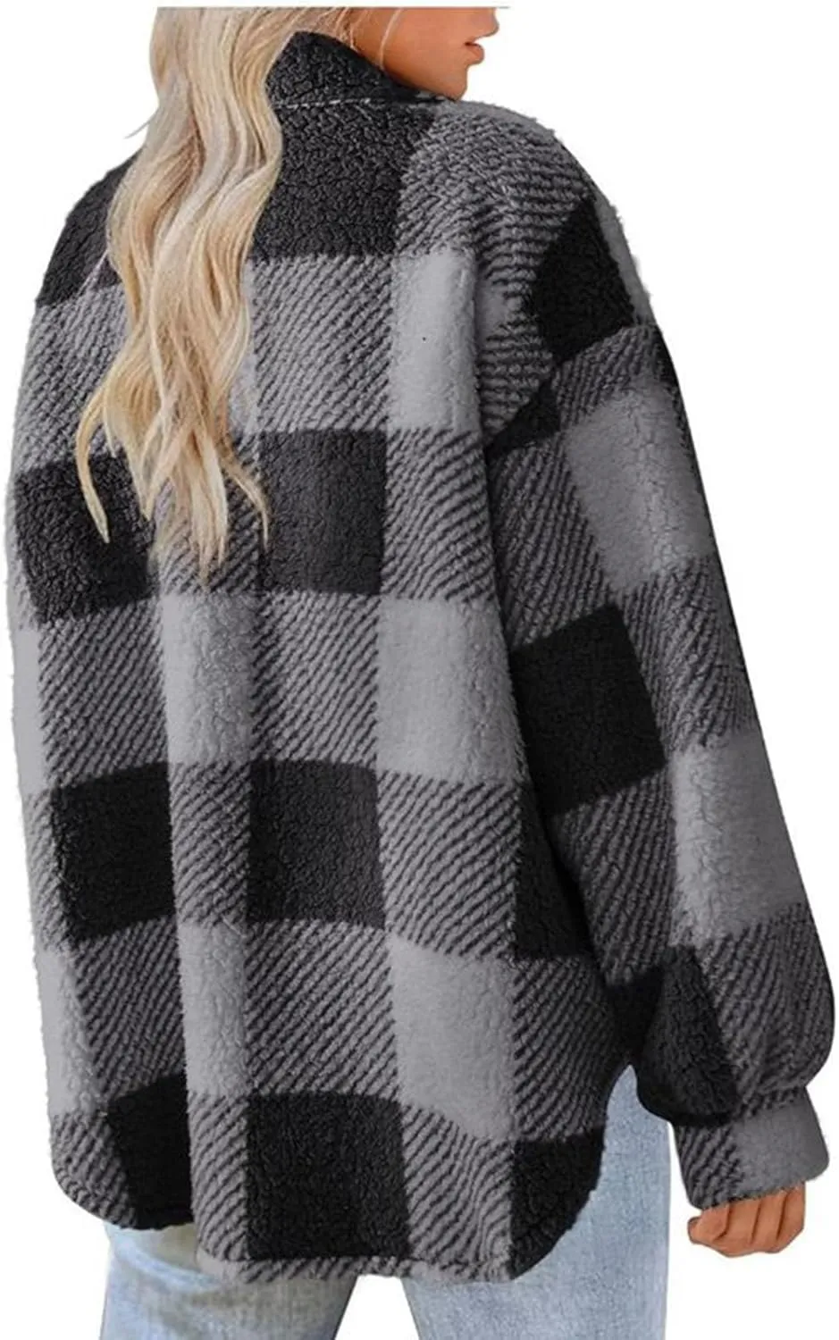 Sherpa Jacket Women Oversized Long Sleeve Furry Fleece Shacket Jackets Trendy Draped Plaid Button Down Winter Coats