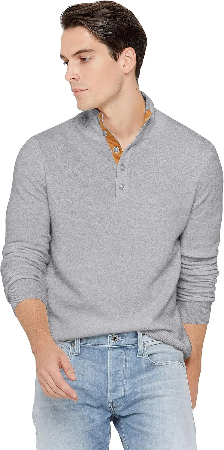 State Cashmere Men's Button Up Mock Neck Sweater 100% Pure Cashmere Long Sleeve Polo Quarter Collar Pullover
