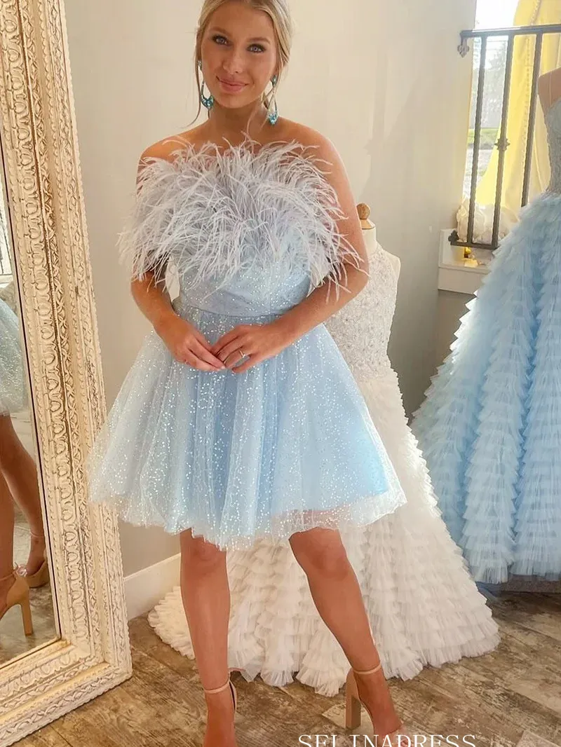 Strapless Sparkly Light Sky Blue Short Homecoming Dress #EWR708