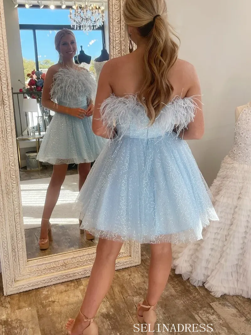 Strapless Sparkly Light Sky Blue Short Homecoming Dress #EWR708