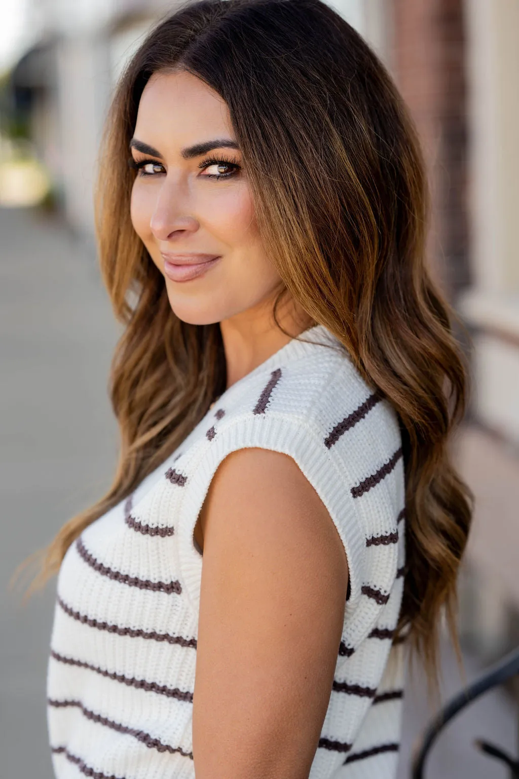 Striped Short Sleeve Knit Sweater