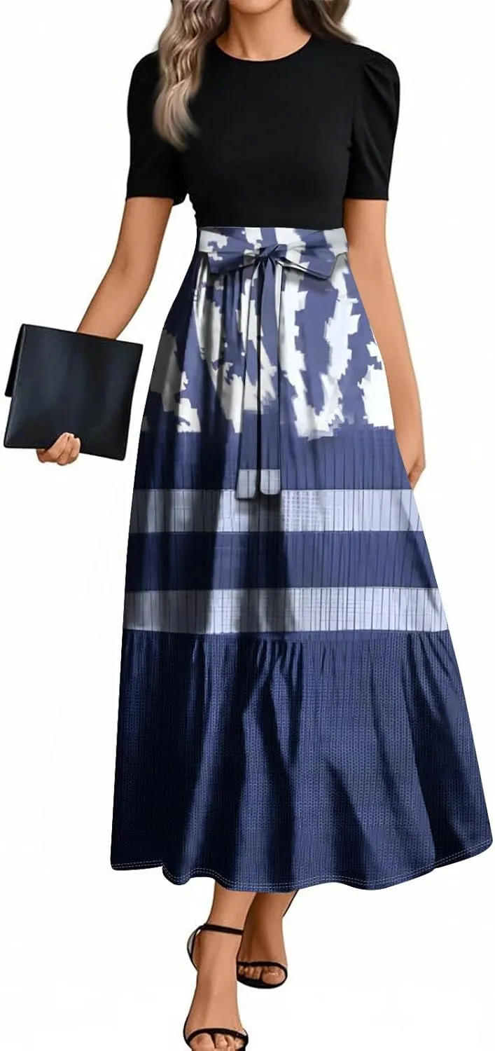 Summer Beach Vacation Clothes Spring Dresses for Women 2025 Short Sleeve Elegant Tie Waist Flowy Maxi Dress