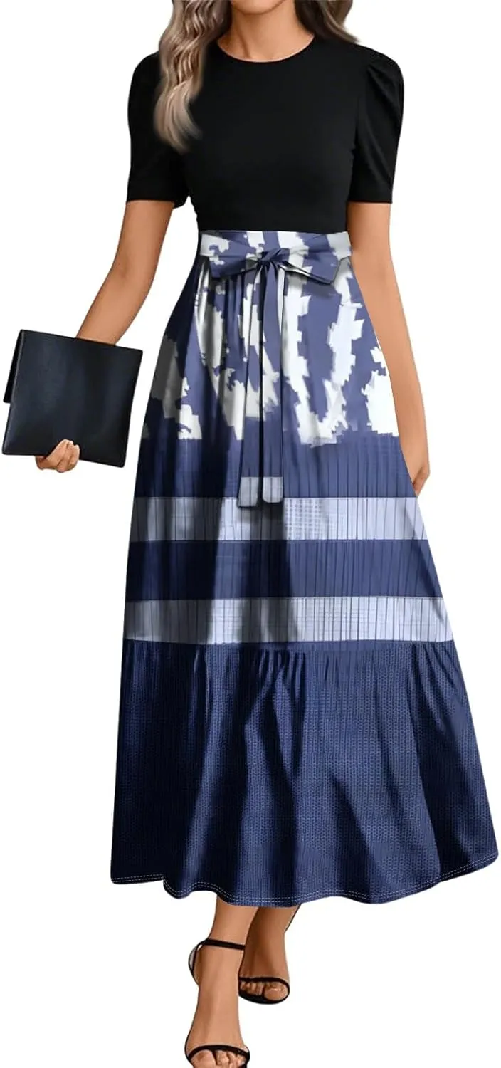 Summer Beach Vacation Clothes Spring Dresses for Women 2025 Short Sleeve Elegant Tie Waist Flowy Maxi Dress