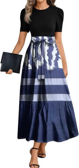 Summer Beach Vacation Clothes Spring Dresses for Women 2025 Short Sleeve Elegant Tie Waist Flowy Maxi Dress