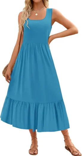 Summer Dresses for Women Sleeveless Long Beach Sundress Square Neck Casual Tiered Long Dress Loose Plain Maxi Sundress