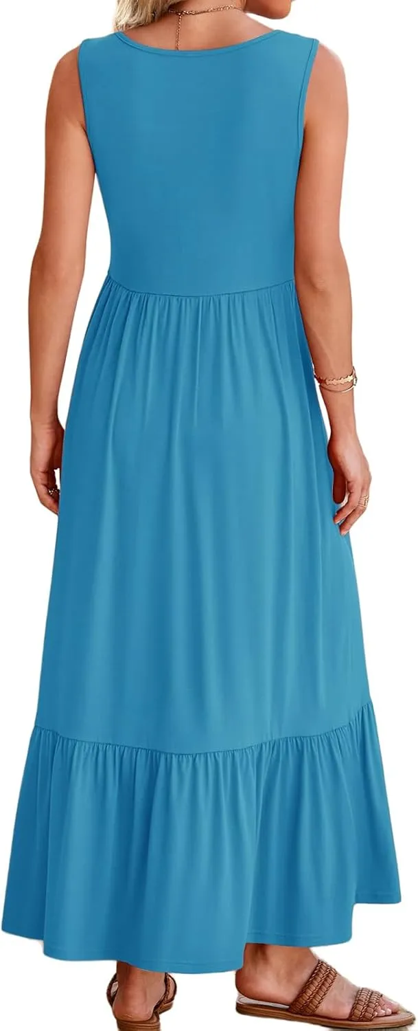 Summer Dresses for Women Sleeveless Long Beach Sundress Square Neck Casual Tiered Long Dress Loose Plain Maxi Sundress