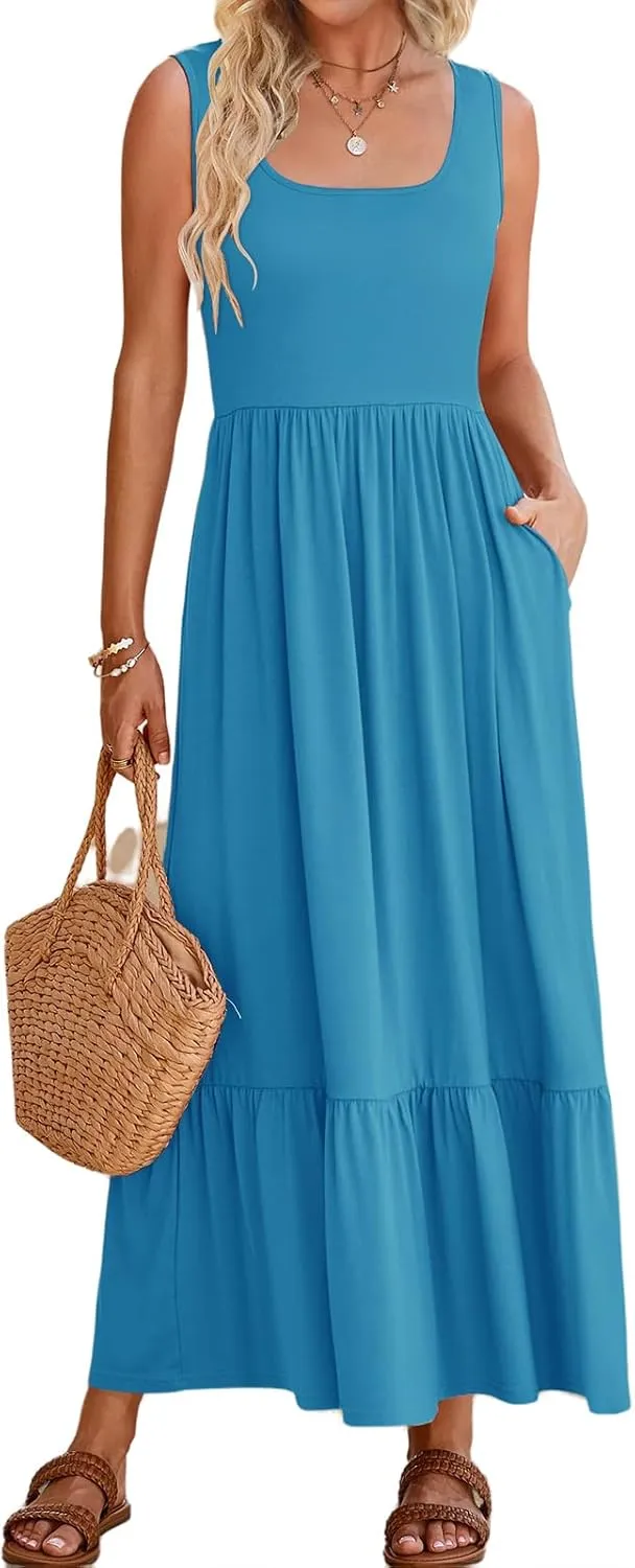 Summer Dresses for Women Sleeveless Long Beach Sundress Square Neck Casual Tiered Long Dress Loose Plain Maxi Sundress