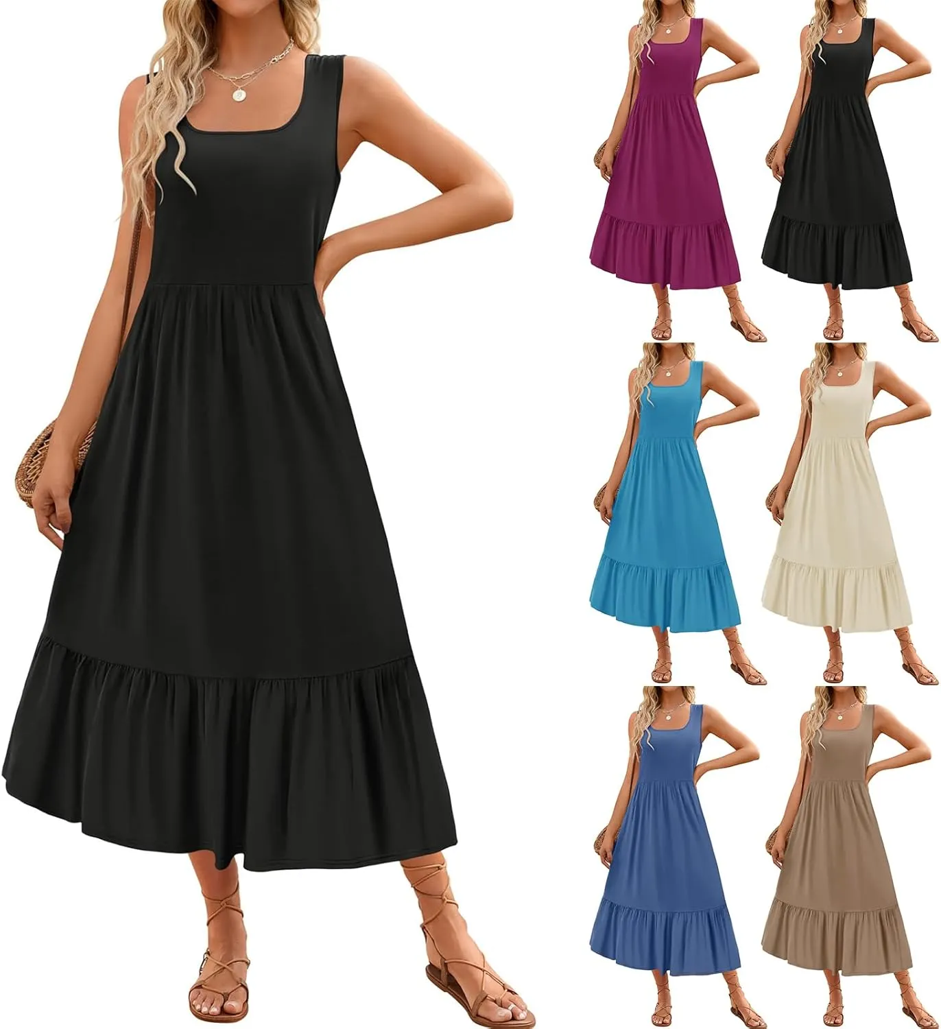 Summer Dresses for Women Sleeveless Long Beach Sundress Square Neck Casual Tiered Long Dress Loose Plain Maxi Sundress