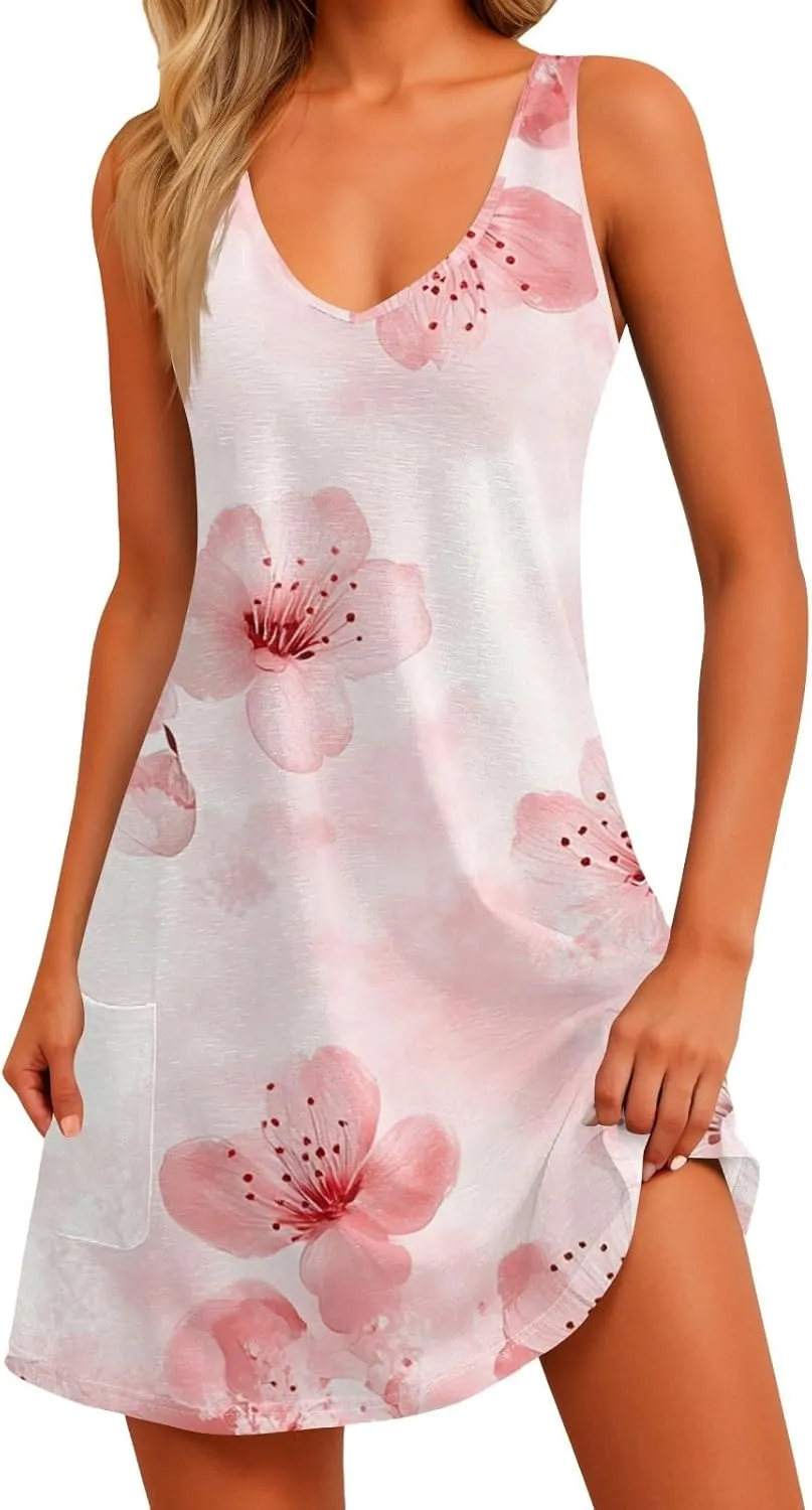 Summer Dresses for Women V Neck Beach Swimsuit Coverup 2025 Sleeveless Dress with Pocket Printed Vacation Sundress