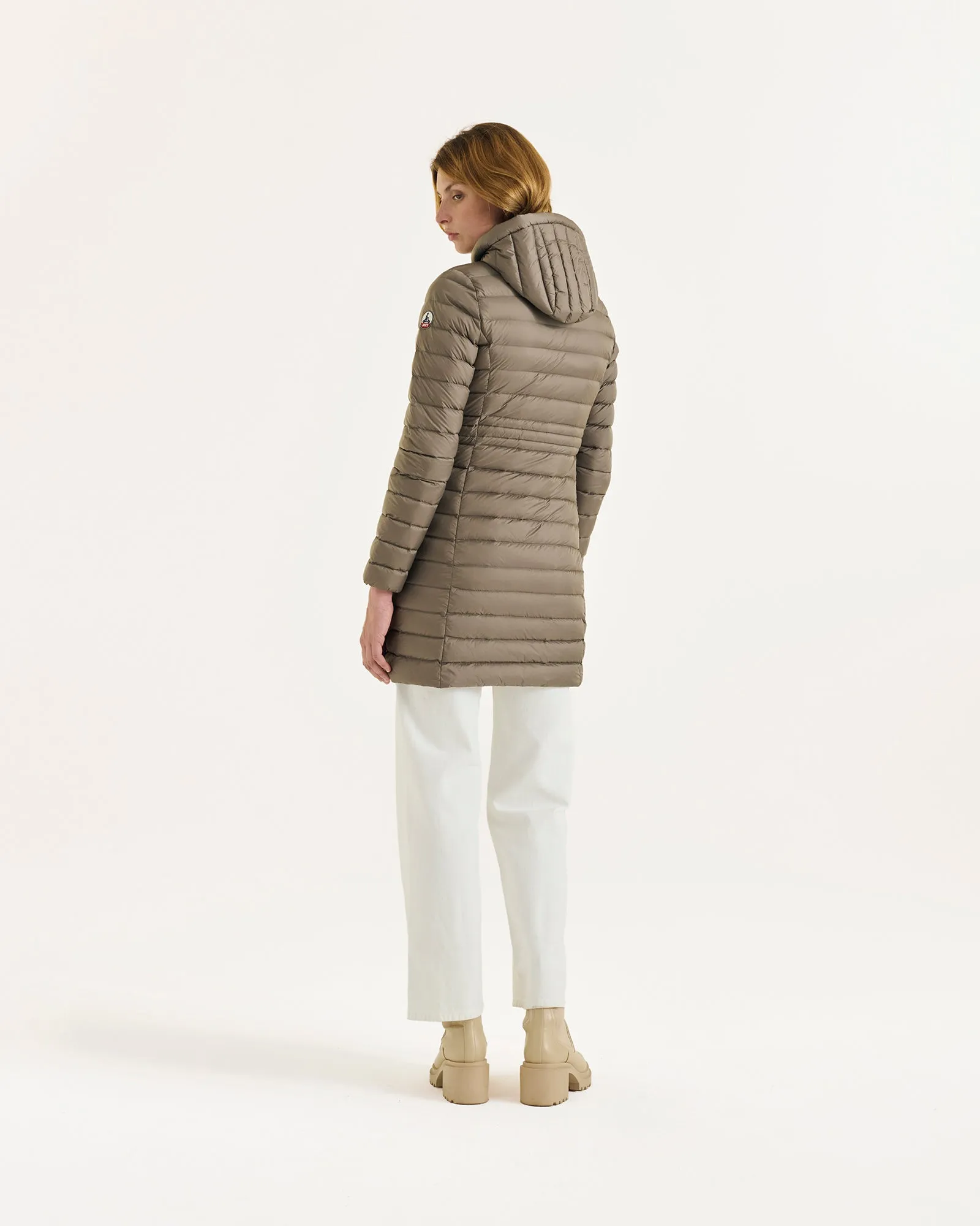 Taupe Vero long hooded puffer jacket