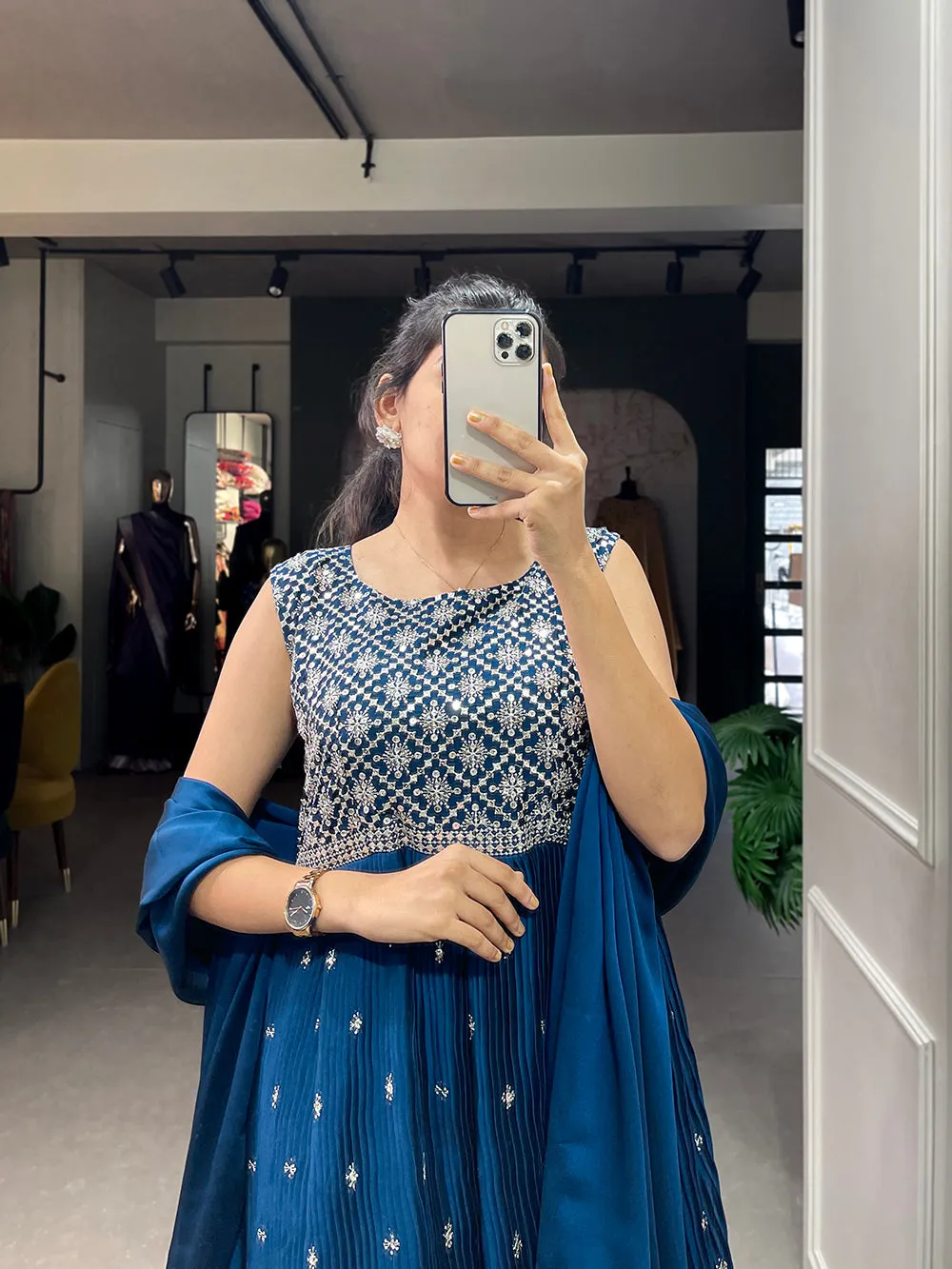 Teal Color Sequins And Thread Embroidery Work Crushed Rangoli Silk Dress