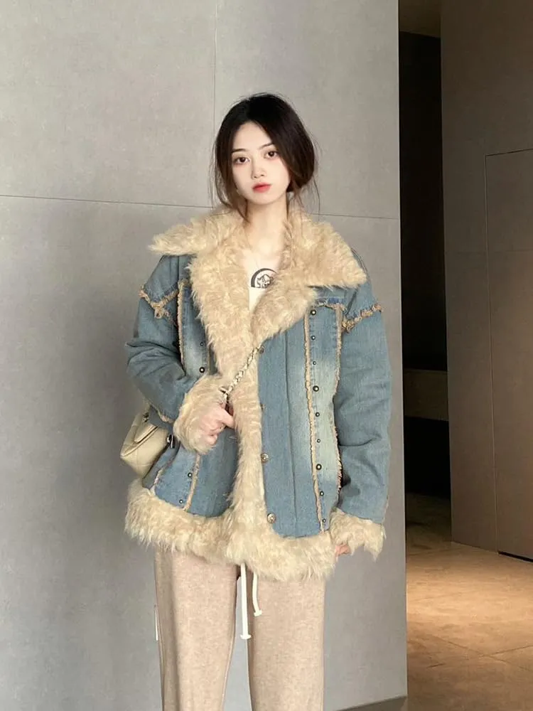 utcoco Womens Fleece Lined Denim Jacket Notched Collar Button Down Casual Oversized Jean Jacket Winter Coat