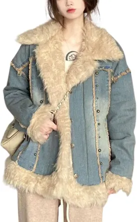 utcoco Womens Fleece Lined Denim Jacket Notched Collar Button Down Casual Oversized Jean Jacket Winter Coat