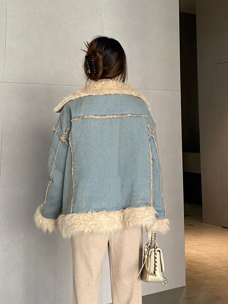 utcoco Womens Fleece Lined Denim Jacket Notched Collar Button Down Casual Oversized Jean Jacket Winter Coat