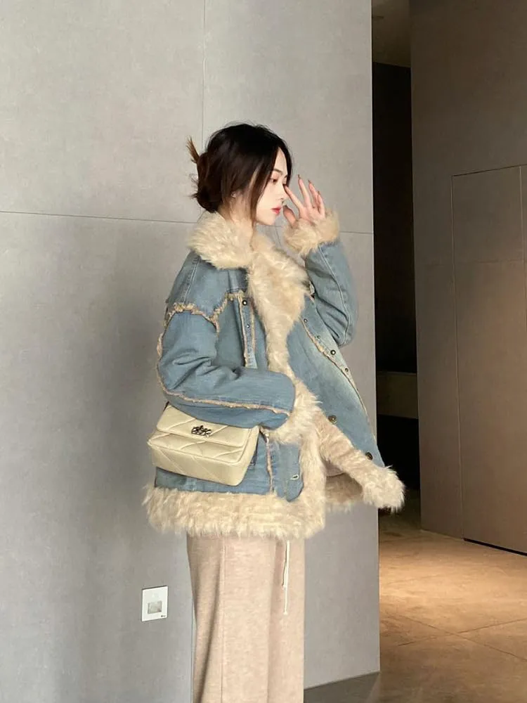 utcoco Womens Fleece Lined Denim Jacket Notched Collar Button Down Casual Oversized Jean Jacket Winter Coat