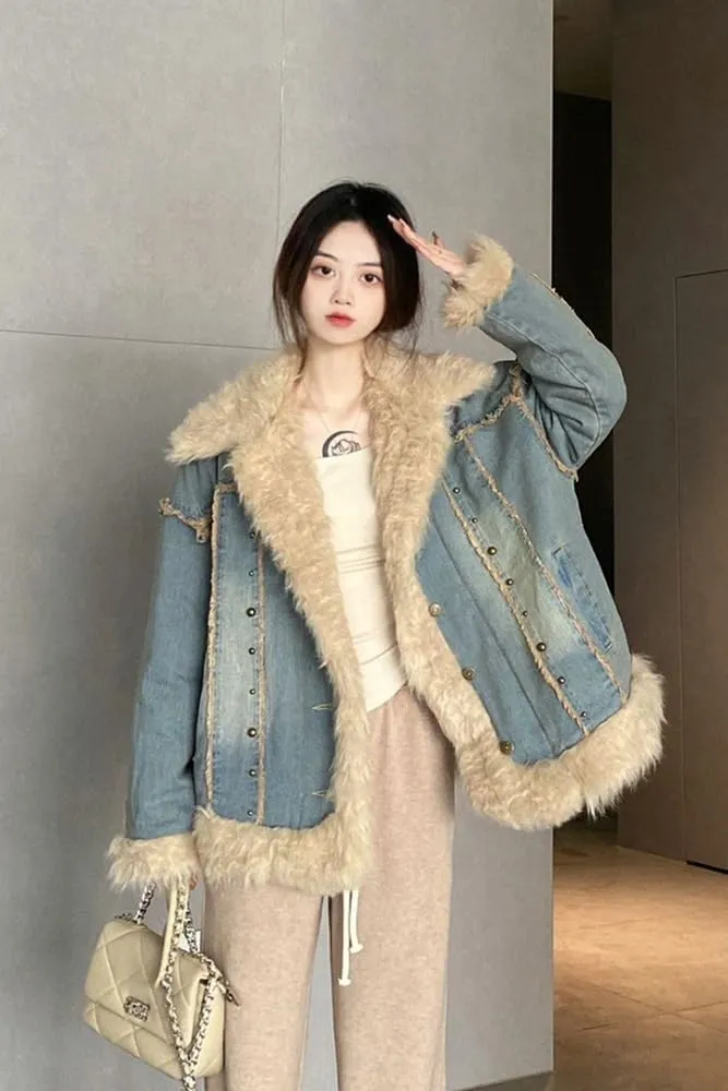 utcoco Womens Fleece Lined Denim Jacket Notched Collar Button Down Casual Oversized Jean Jacket Winter Coat