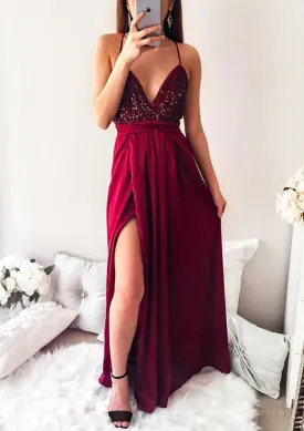V Neck Spaghetti Strap Cross Open Back Long Chiffon Split Prom Formal Dress, Sequins