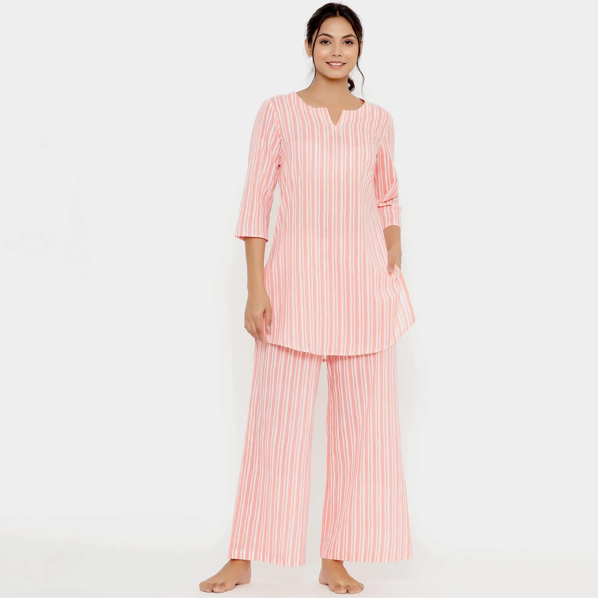 Vertical Stripes On Pink Loungewear Top Set