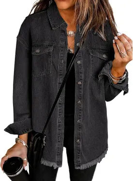 Vetinee Womens Oversized Button Up Frayed Hem Shacket Long Sleeve Pockets Denim Jean Jacket