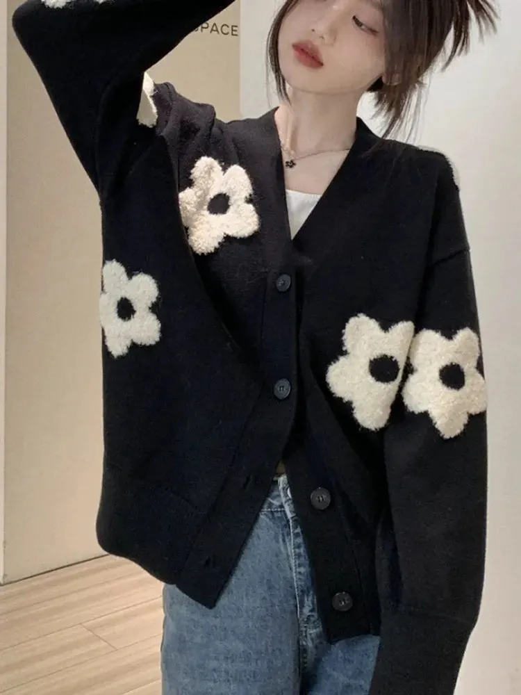 Vevesc Floral Cardigan Women Autumn Winter Knitted Sweater Female Korean Preppy Style Coat Ladies Casual Loose Cardigans Streetwear