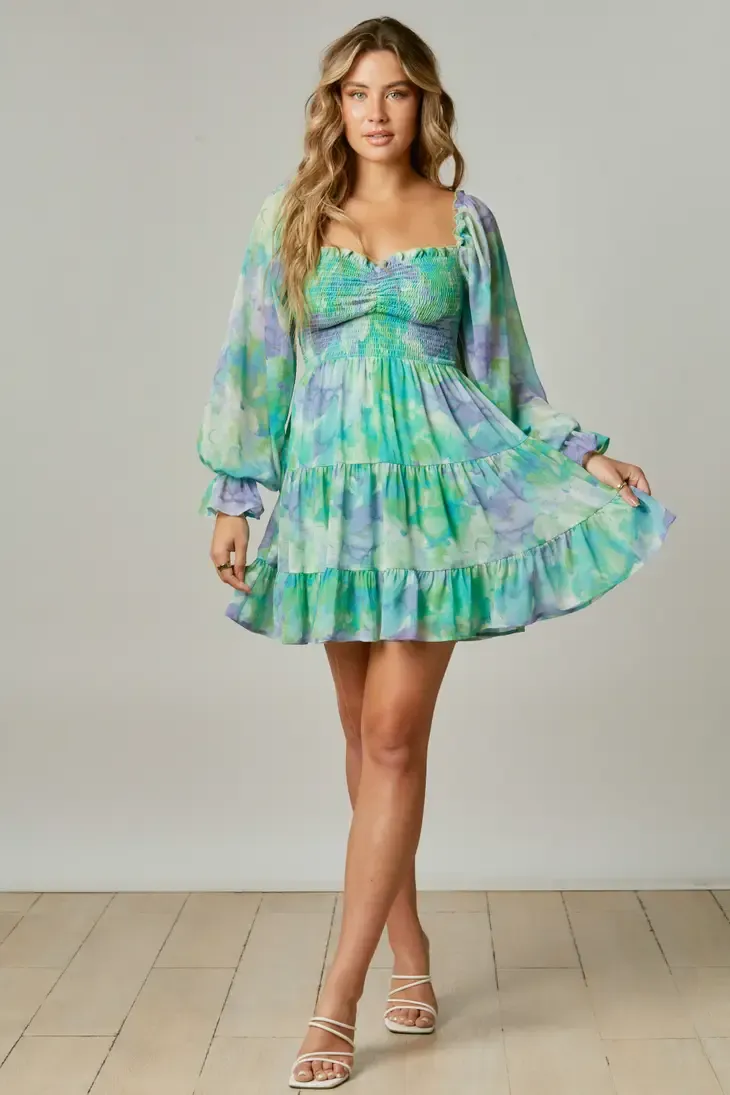 Watercolor Print Smocked Mini Dress