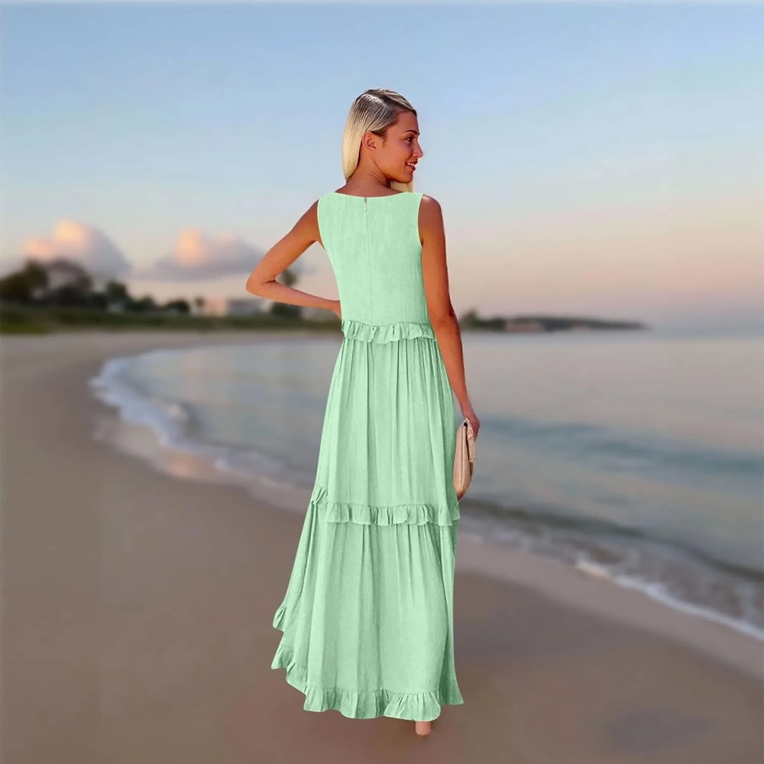 Wedding Guest Dresses for Women Summer V Neck Flowy Swing Maxi Dress Tiered Pleated Lined A Line Long Dress Pockets
