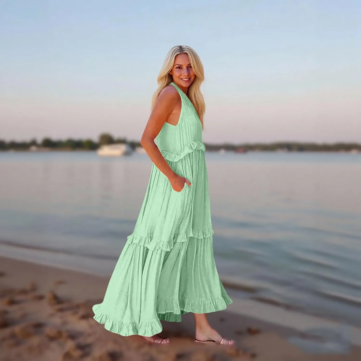 Wedding Guest Dresses for Women Summer V Neck Flowy Swing Maxi Dress Tiered Pleated Lined A Line Long Dress Pockets
