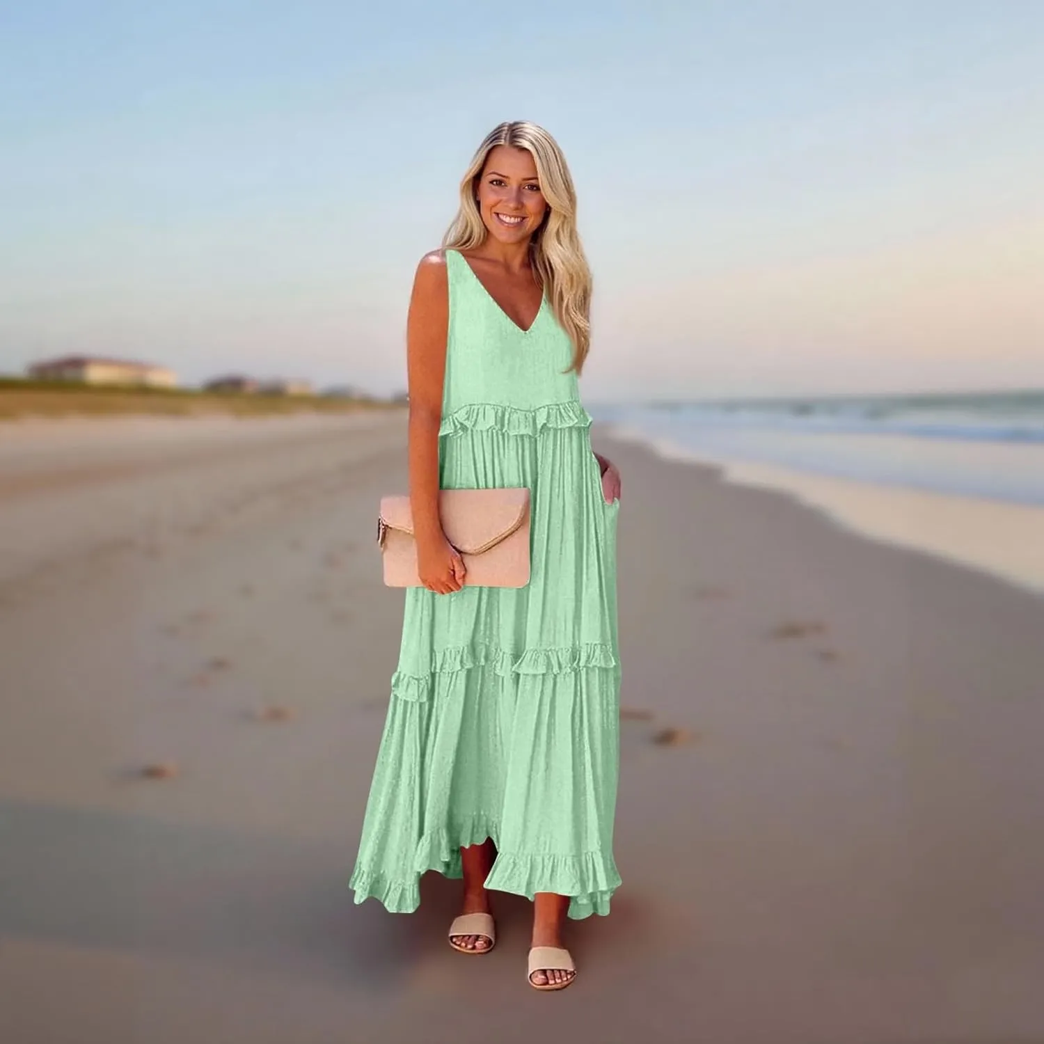Wedding Guest Dresses for Women Summer V Neck Flowy Swing Maxi Dress Tiered Pleated Lined A Line Long Dress Pockets