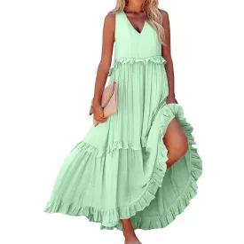 Wedding Guest Dresses for Women Summer V Neck Flowy Swing Maxi Dress Tiered Pleated Lined A Line Long Dress Pockets