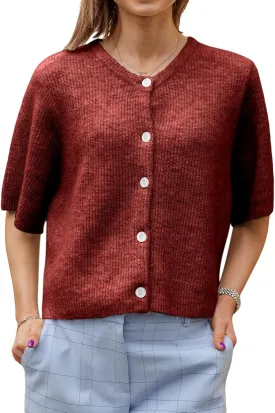 Women Knitted Crop Cardigan Shirt Y2k Short Sleeve Cardigan Button Up Rib Knit Elegant Loose Fit Sweater Tops