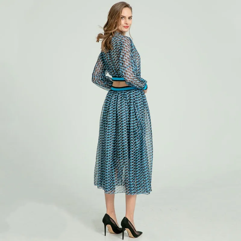 Women Long Sleeve High Waist Hollow Out Midi Dresses Female Fashion - WD8193