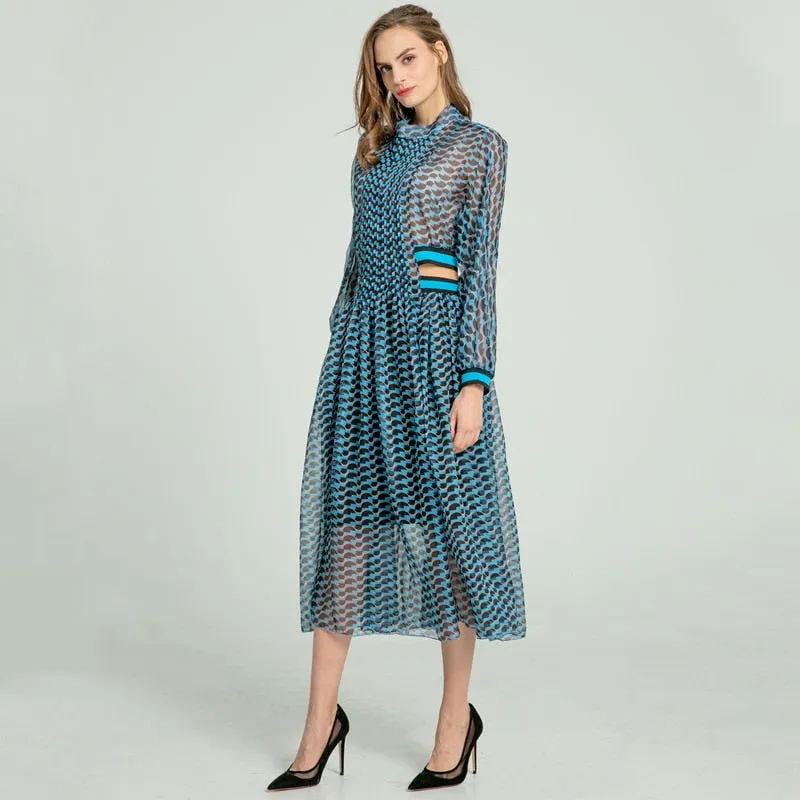 Women Long Sleeve High Waist Hollow Out Midi Dresses Female Fashion - WD8193